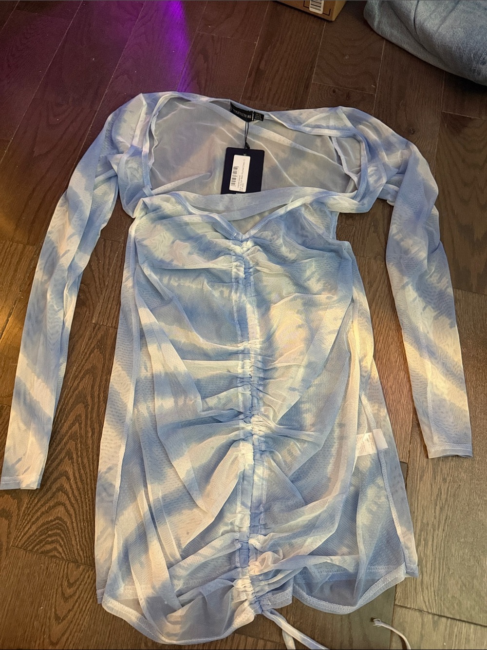 PrettyLittleThing Blue Tie-Dye Ruched Long Sleeve Mesh Top